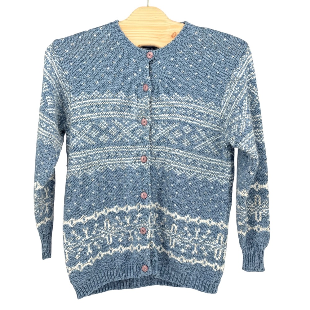 Susquehanna Trail Outfitters Cardigan 1X Blue Fair Isle Nordic Snowflake Knit